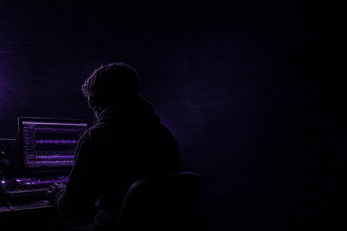 Independent music creator working quietly inside a late-night studio environment